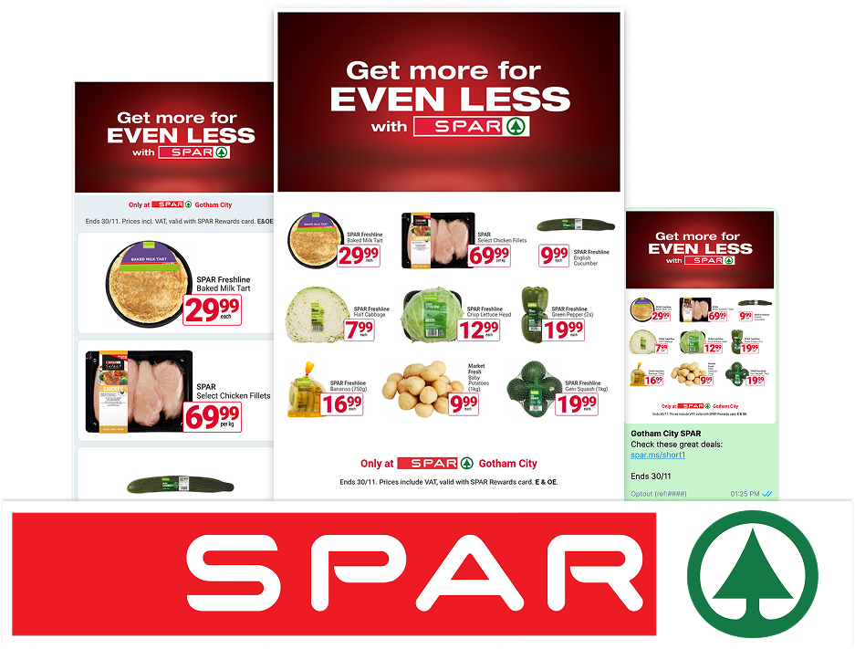 SPAR campaigns built with Flex — webpages, leaflets, and WhatsApp messages